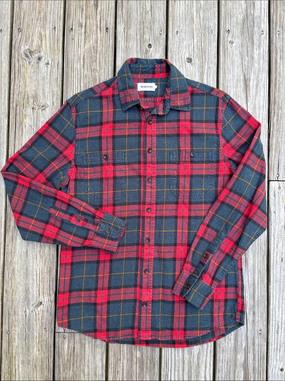 Taylor Stitch The Crater Shirt Heavyweight Red Navy Plaid Flannel Shirt Size M